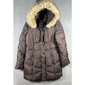 Lauren Ralph Lauren Women's Brown Down Faux Fur‎ Trim Hood Jacket Small Puffer